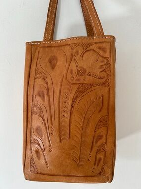 Hand Tooled Leather Tote Bag from Paraguay with Tan Floral Design